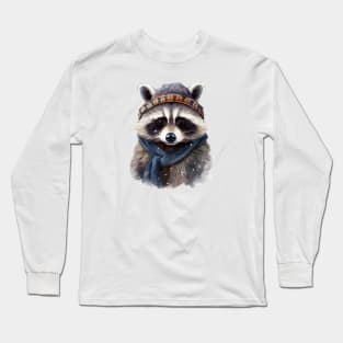 Raccoon in a warm hat and knitted scarf winter Long Sleeve T-Shirt